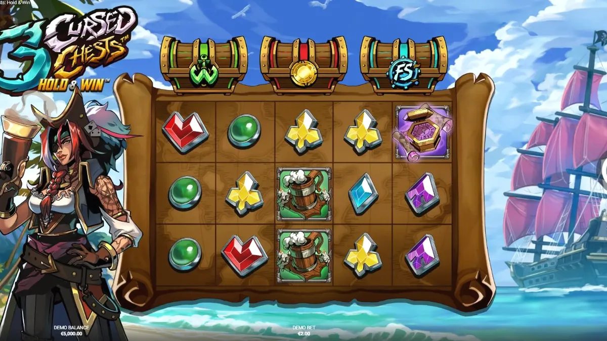 3 Cursed Chests: Hold & Win slot game screen na nagpapakita ng mga mahiwagang chests at pirate theme.
